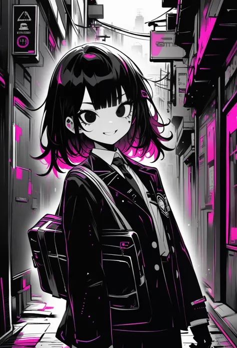 ​masterpiece, top-quality, 1girl in, Uniforms, A slight smil, a school bag, A dark-haired, Black eyes, cyberpunked, a street, monochromes, line-drawing、iced
