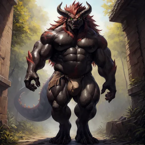 solo, breath (ultra detailed), a beautiful and detailed full size portrait of a male anthro batzz, demon lord dragon batzz, dragon tail, green eyes, glowing eyes, black body, black skin, long hair, red hair, horns, scar, tail, bedroom eyes, detailed eyes, ...