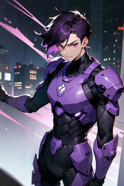 1male, Young Adult, Dark Violet Hair, Short Hair, Slight Smile, Standing In City, Detailed background, Black and White Combat Suit, Sharp Eyes, Purple Eyes