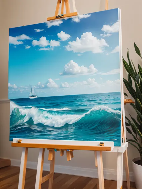 Create a sea-themed piece of art on a medium-sized canvas horizontally on an easel and table filled with paints the same color as the canvas and brushes,