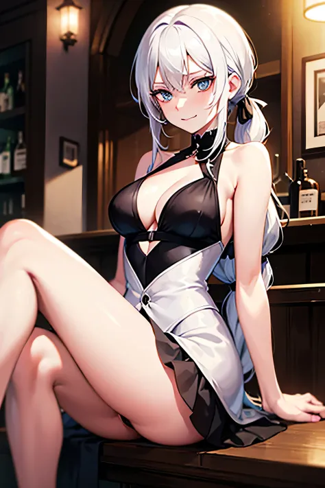 The character is in the style of the Bungo Stray Dogs anime, an adult woman, with white hair, Swedish, with long hair gathered in two pigtails, with blue eyes, she wears a black suit and red accents with a solid split halter neck, She is in a bar sitting w...