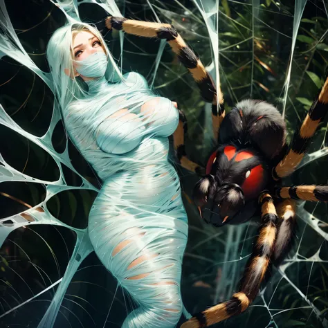 a very sexy girl captured by a big spider, cocooned, gagged, struggle in the web, beautiful eyes, sexy lips, flirty look