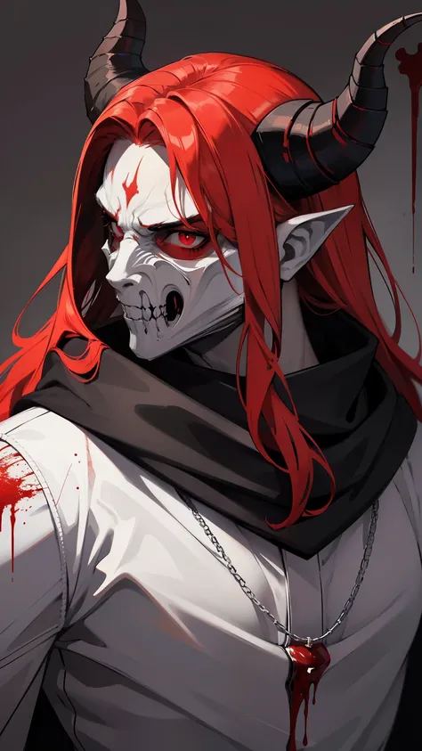 {8k image}, (demon), ((wearing a scary white mask)), (horrifying,shocking),blood-spattered male demon covered in blood,long flowing wavy red hair, ((ram curled horns)), (black horns) ,dramatic lighting,gritty and intense,horror portrait,violent,splattered ...