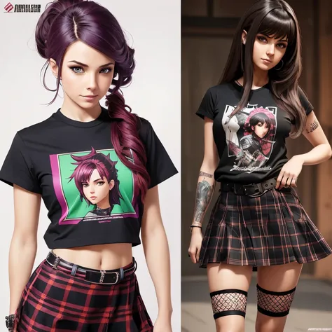 A front and back full body view of a female model in a punk-inspired outfit. The girl is depicted in a playful and vibrant manner, similar to the style shown in the reference image. She wears a Plaid skirt with a graphic tee, fishnet tights, and creepers. ...