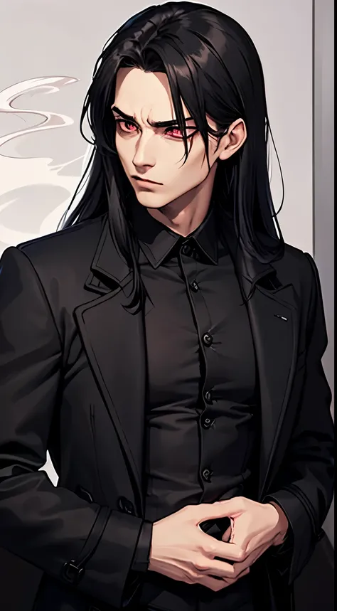 (((Long hair))), Vampire, One handsome young man of 30 years old ((thin body)), ((long black straight hair)), ((red eyes)), ((black trench fabric coat)), He wears a dark suit, consisting of black pants, a black cloak, a black shirt, and a black coat, which...
