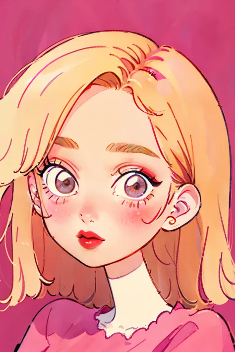 Girl, long brown-blonde hair, brown eyes, sharp features, white skin, pink lips, beautiful, T-shirt.
