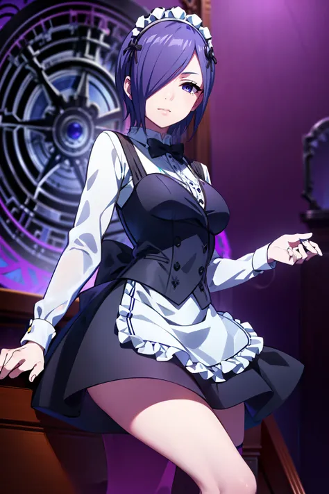 Beautiful face, beauty, white skin, purple-blue eyes, short purple-blue hair, hair covering her left eye, cute body, Cute waitress outfit, detailed black dress, white embellished apron, An ornate dress containing embellishments and bows, a castle maids dre...