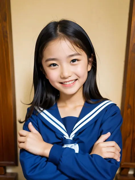 (masterpiece, highest quality:1.2), one girl, alone, sailor suit, dark blue, long sleeve, smile, 12 years old