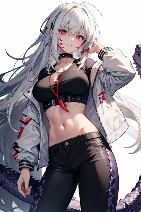 1girl, big breasts, modern torn clothes, dark gray t-shirt, visible abdomen and navel, white jacket, dark gray pants, long hair, white hair, messy hair, spiked hair, red eyes, pointed teeth. (((reptile eyes), (reptile tail) )), black choker on neck, (facia...