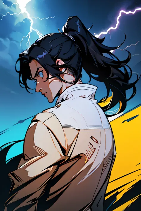 anime style, man, long black hair, ponytail, blue eyes, thunder around the body, inspired by zeus wearing shirt