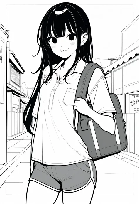 masterpiece, best quality, 1girl, jyt:3, grayscale, style: manga, japanese, chi no wadachi, black eyes, street, iced, black hair, schoolbag, smile, lineart, white background, white shirt, grey shorts,