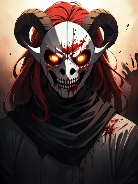 (demon), ((wearing a scary white mask)), (horrifying,shocking),blood-spattered male demon covered in blood,long flowing wavy red hair, ram curved horns, ,dramatic lighting,gritty and intense,horror portrait,violent,splattered blood,dark and haunting backgr...