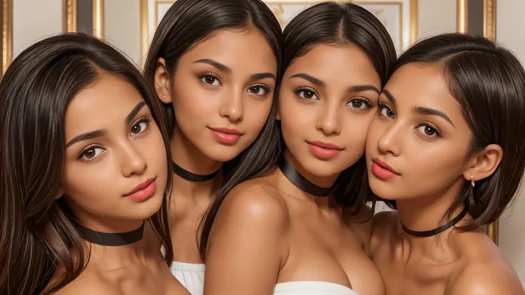 Three girls, (cute white arab women, 18 years old, (full figure:1.2), round face shape, small nose, thin nose, thin nostril, small nose-tip, beautiful small delicate nose, (very thin) round eyebrows, (very thin eyebrows), perfect thin lips, red lipstick, (...