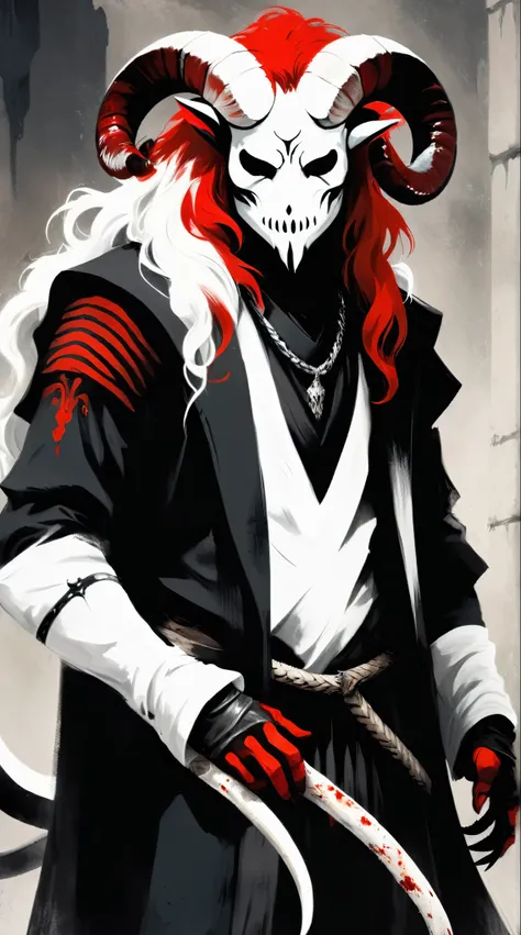 ((demon)), (((male))), male demon, ((scary demon), (((wearing a scary white mask))), blood, (((ram curved horns))), long wavy red hair, (((slavic black full clothes))), medieval scarf, monster claws, animal legs, snake tail, solo, looking at viewer,  sumi-...