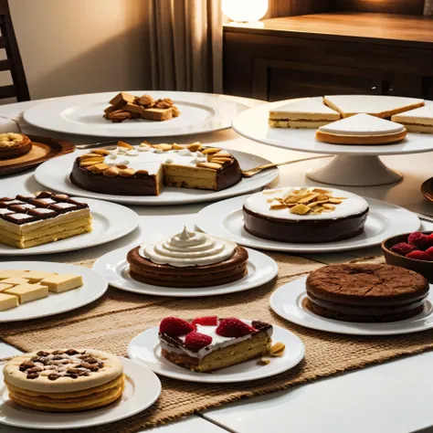 ultra realistic image of a white table with various delicious desserts on the table