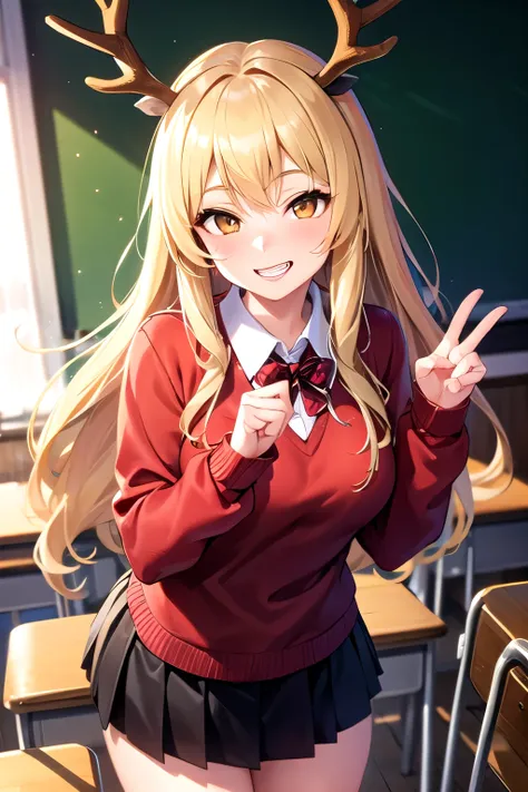 1girl, brown eyes, furry, deer girl, long blonde hair, buck teeth, checkered sweater, green and red sweater, skirt, antlers, hooves, detailed fingers, smiling, standing, classroom