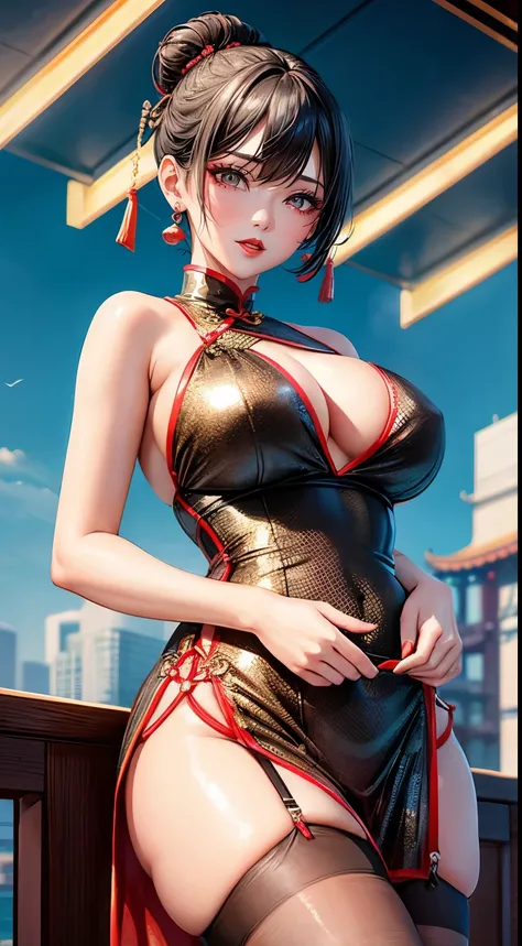 Chinese Idol　Mature Woman　Blonde chignon with bangs　short hair　Smokey makeup black mascara　Bright red lipstick and plump lips　Super shiny metallic turquoise Chinese dress style competitive swimsuit　garter belt　Big Breasts　Duck mouth　Sweaty, shiny skin　Armp...