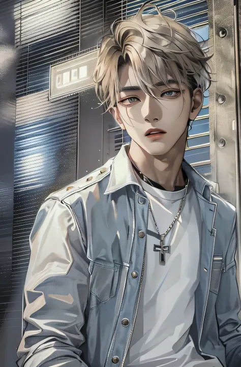 An absurd HDR masterpiece, High quality Kpop boy picture in clear HD graphics, with calm eyes and a chiseled jawline, dressed in stylish clothes, modern outfit, highlighting his lean physique. His short K-pop hair is styled in a modern style., giving him a...