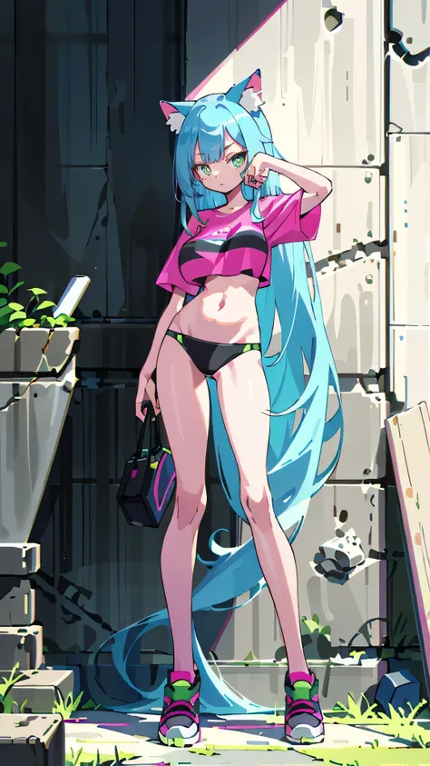 Masterpiece, best quality, high resolution, 1 woman, Long blue hair with pink stripes, smooth, green eyes, Bored face , cat ears , pink t-shirt , black bikini , abdomen, big breasts , Long legs , stand on your hips , big canvas shoes , wall , Garbage bags 