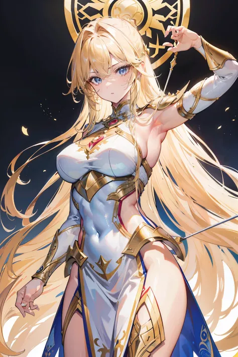 A solitary female archer, adorned in light armor, long, tangled, golden hair cascades down her back, a perfectly sculpted and very attractive body (body perfection: 1.2), a highly detailed face (face detail: 1.2), perfectly shaped hands (hand perfection: 1...