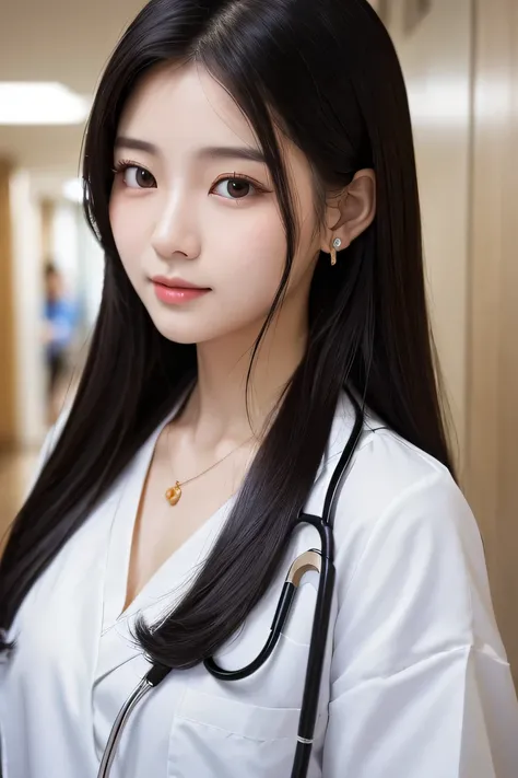 Beautiful young woman、 Korean women、Black Hair、Necklace around the neck、White、Stethoscope、hairstyle semi long、Please open your mouth a little、Intricate details, Very detailed:1.2), 、 Looking into the camera,The background is a hospital corridor.、ear pierci...