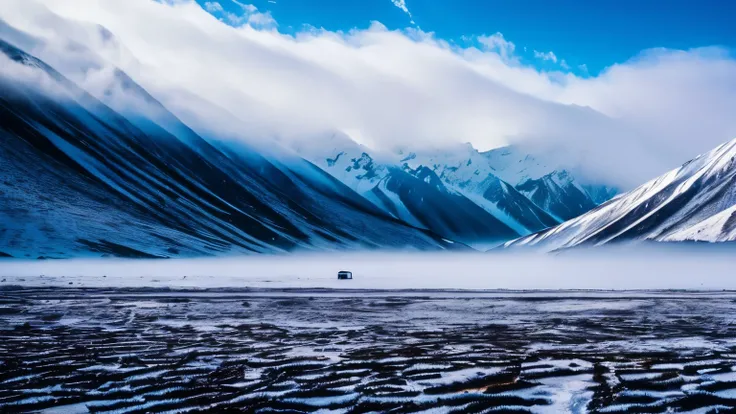 Tibet, background landscape of snowy mountains and lots of fog. Dark and relaxing image.