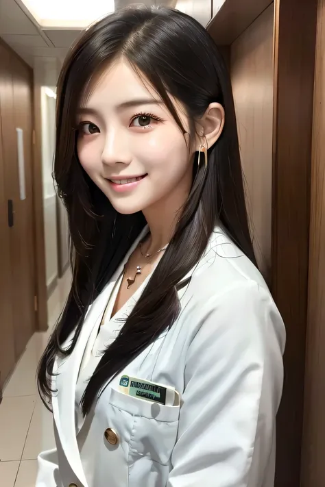 Beautiful young woman、 Korean women、Black Hair、Necklace around the neck、White、Stethoscope、hairstyle semi long、smile、Please open your mouth a little、Intricate details, Very detailed:1.2), 、 Looking into the camera,The background is a hospital corridor.、ear ...