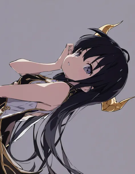 Dragon girl with crystal　golden horn　Black Hair Empty Background