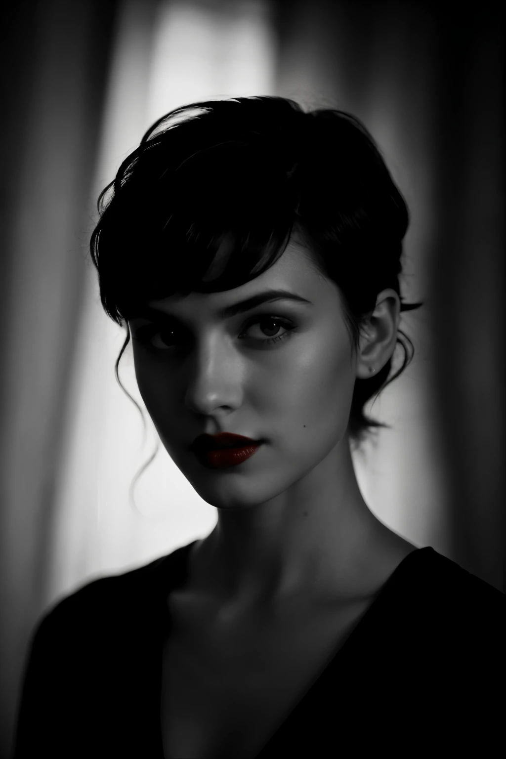 Portrait of a beautiful and attractive woman with red lips and black short hair and vampire teeth, ultra realistic photography, advertising professional photography, studio soft lighting, cinema professional photography prodution,  low light, dim light, su...