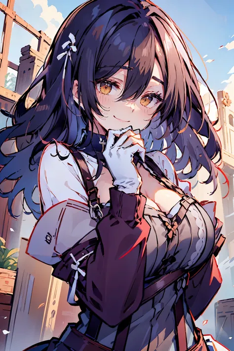 (masterpiece:1.2), (high quality:1.2), (hui xiyi:0.75), rekkyo sensen, rekkyou sensen, girls with((black hair, (tits cleavage:1.15), (waving is hands:1.2), (breasts close up:1.15), (suspenders:1.2), (dress:0.65), (blue clothes:1.05), (belts:0.7), (frills s...