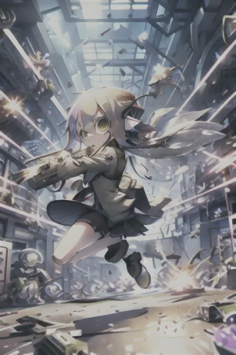 (masterpiece, Highest quality、High resolution), Real Anime、3D、One Splatoon girl, Golden Eyes、Firing, laser, debris