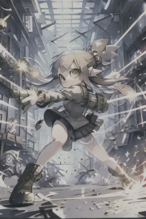 (masterpiece, Highest quality、High resolution), Real Anime、3D、One Splatoon girl, Golden Eyes、Firing, laser, debris