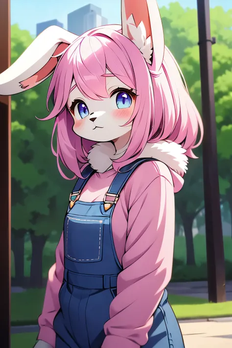 furry, small bunny girl, big bunny ears, blush, pink fur, blue eyes, pink hair, medium hair, blue hoodie, purple overalls