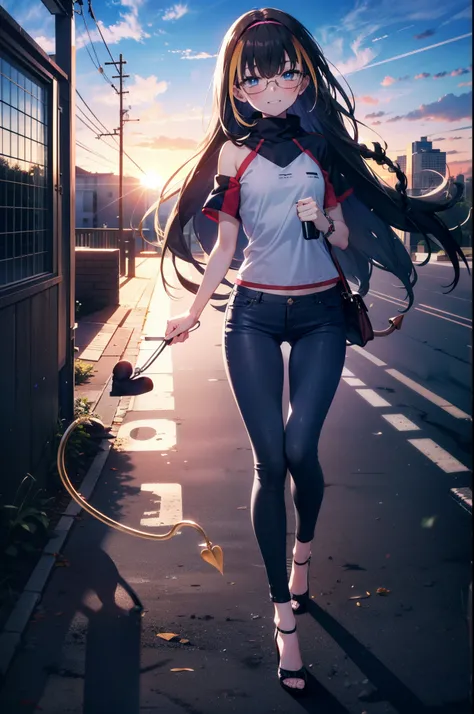 small, small, Black Hair, blue eyes, demon tail, hair band, Long Hair, mechanical tail, Multicolored Hair, tail, smile,Grin,tooth,Black-rimmed glasses,Cold shoulder tops,Short sleeve,Skinny jeans,Stiletto heels,morning,morning陽,The sun is rising,Walking,wh...