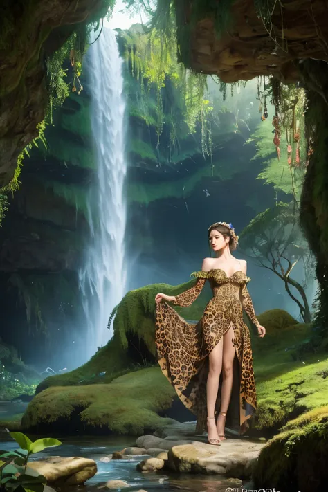 Second Image: A surreal, fantasy-inspired scene featuring a woman and a leopard, both adorned with elaborate floral patterns that blend into their forms. The woman, in a flowing dress detailed with leopard spots, dances amidst a fantastical landscape with ...