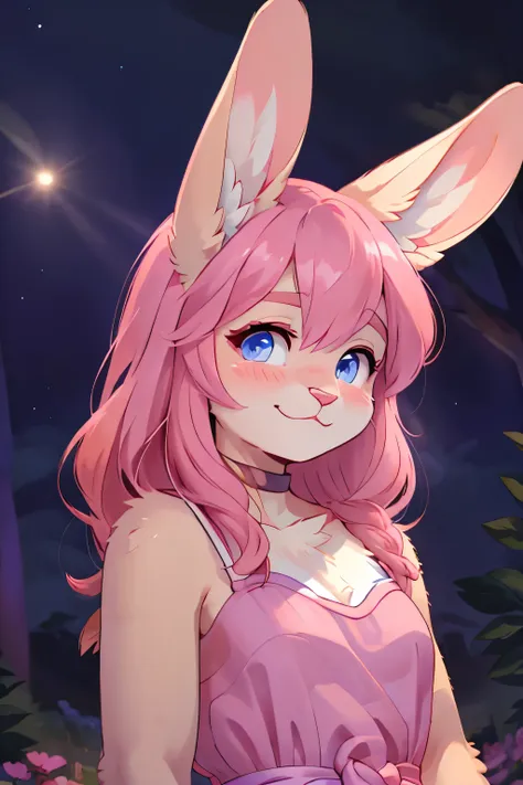 furry, bunny girl, big bunny ears, blush, pink fur, blue eyes, pink hair, medium hair, flowy blue dress