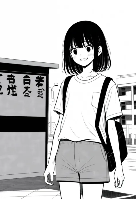 masterpiece, best quality, 1girl, mamerakkkkko, grayscale, manga style, japanese, chi no wadachi, black eyes, street, iced, black hair, schoolbag, smile, lineart, white background, white shirt, grey shorts, centered, 18 years old, tall, fair skinned
