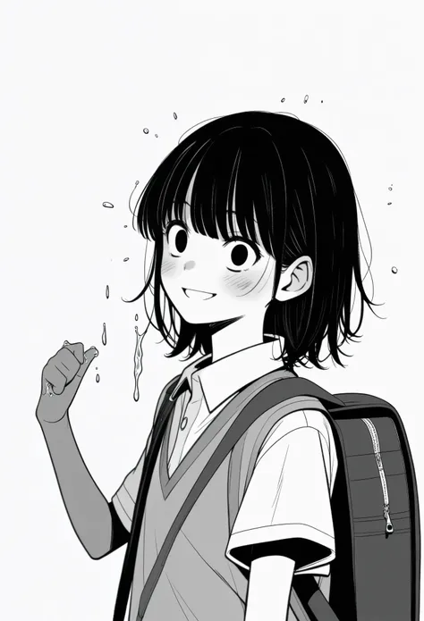 masterpiece, best quality, 1girl, mamerakkkkko, grayscale, manga style, japanese, chi no wadachi, black eyes, street, iced, black hair, schoolbag, smile, lineart, white background, white shirt, grey shorts, centered, 18 years old, tall, fair skinned
