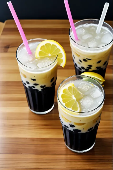 Black tapioca bubble tea and lemon drink 
