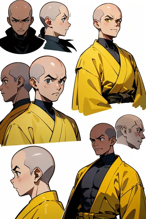 Build Body + character sheet of Black from the "Dark Fantasy" anime, Bald Monk wearing a yellow gi, character sheet, different expressions, on a white background, in the vector art style