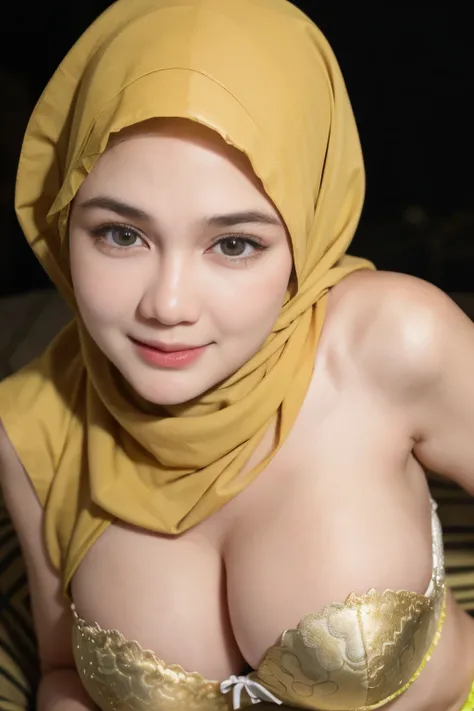 ((Lace)), (Happy smile), (((HIJAB MALAY GIRL))), masutepiece, High quality, UHD 32K, Realistic face, Realistic skin feeling , A Japanese Lady, 58 years old lady, , Very cute and baby-like face, (((FLAT CHEST))), (Night time at forest), ((look In front  at ...