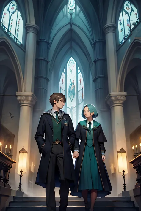 couple, harry pottert scene, she is a Ravenclaw, he Slytherin, items representing both background houses