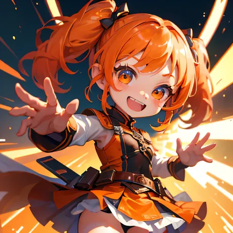 masterpiece, Highest quality, 8k wallpaper, Very detailed, 1 girl, Orange Hair, Twin tails, fine grain, (Chibi Character)、Deformed、 warrior outfit,freckles，wave hands、smile