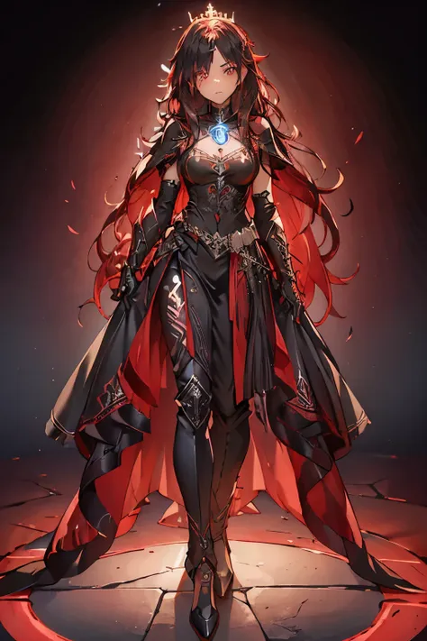 4k high resolution, one female, (((glowing rune tattoos))), red and black hair, princess dress cape and pants, armor, crown