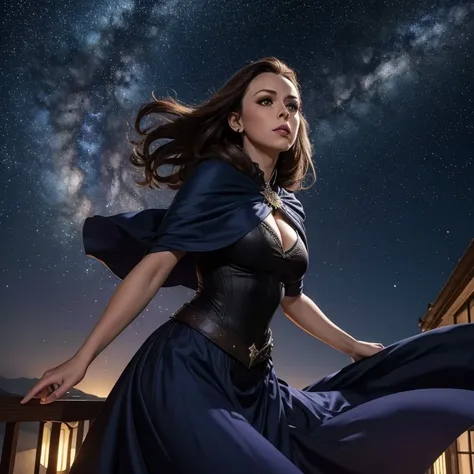 uma bela e requintada mulher (Alyssa Milano as Phoebe Halliwell, from the Charmed series) standing under the starry night sky on the balcony of her monastery, action photo, dynamic angle (ultra detalhado, Obra-prima, melhor qualidade), rosto ultra detalhad...