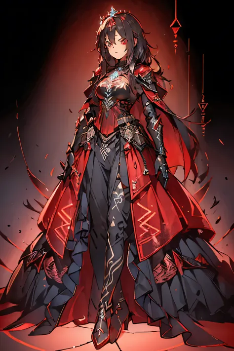 4k high resolution, one female, (((glowing rune tattoos))), red and black hair, princess dress cape and pants, armor, crown