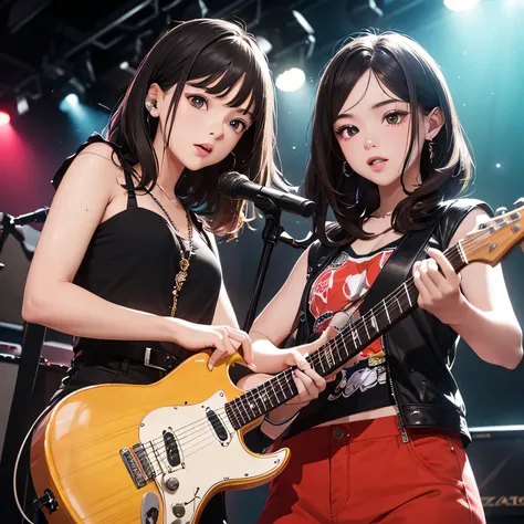 (best quality,4k,8k,highres,masterpiece:1.2),two boys and two girls playing electric guitars on a stage in a live house,extremely detailed eyes and face,beautiful detailed facial features,detailed clothing,dynamic poses,stage lighting,vibrant colors,photor...