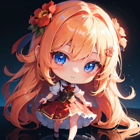 masterpiece, Highest quality, 8k wallpaper, Very detailed, 1 girl, Golden Hair, Long Hair, fine grain, ((Chibi Character))、Red Skirt、Deformed、 Dress shirt,Red flower hair ornament，dark、Light blue eyes