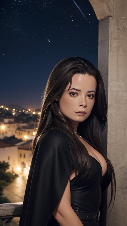 uma bela e requintada mulher (holly marie combs as piper halliwell, from the charmed series) standing under the starry night sky...