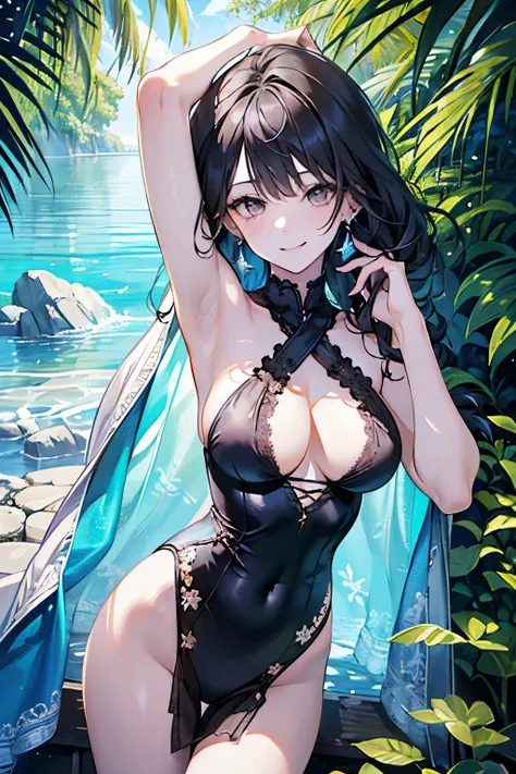 ((17years old girl:1.2)), masterpiece, best quality, braid hair, black hair, (portrait), shiny gray eyes, white onepiece swimsuit dress, palace,outdoors, garden, beach,perfect hands,(Lace costume:1.1),looking front,((Large and gorgeous earrings:1.1)),smile...